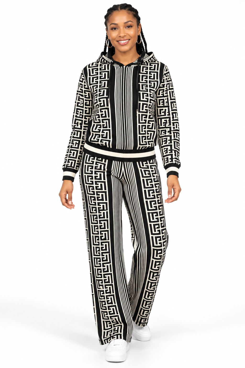 Black & Ivory Geometric Hooded Two-Piece Set