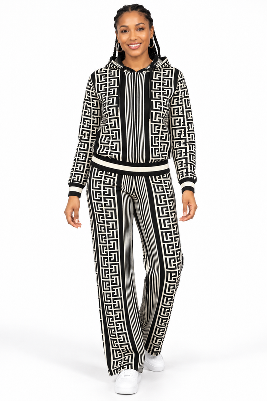 Black & Ivory Geometric Hooded Two-Piece Set