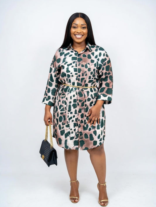 Modern Abstract Print Shirt Dress – Green & Nude Mix