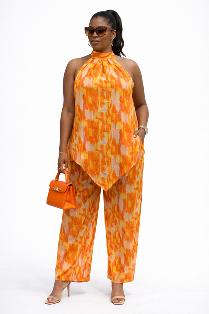Elegant Orange Halter Neck Two-Piece Set