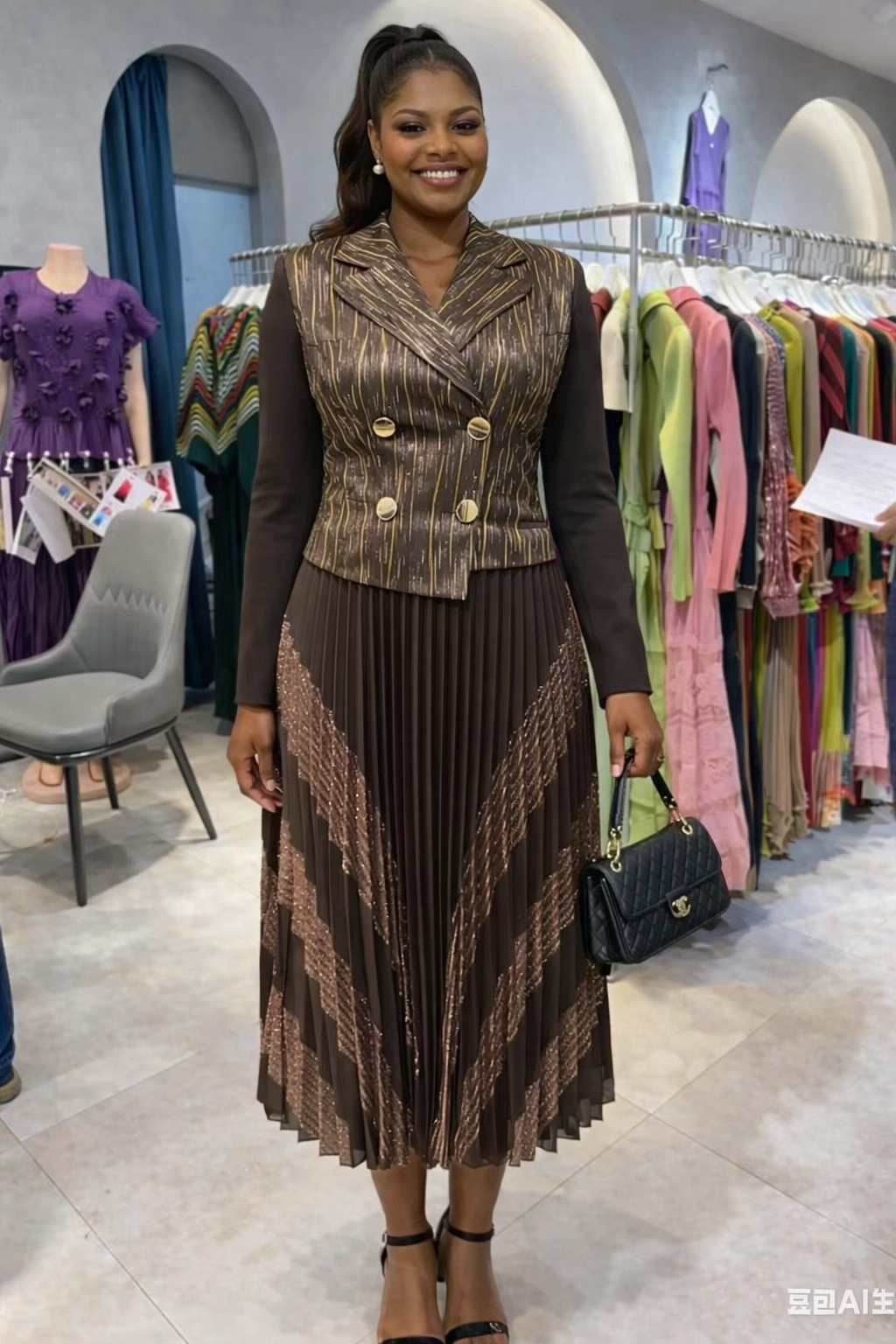 One Size  Pleated Miyaki Dress - BROWN Stretchy Fabric