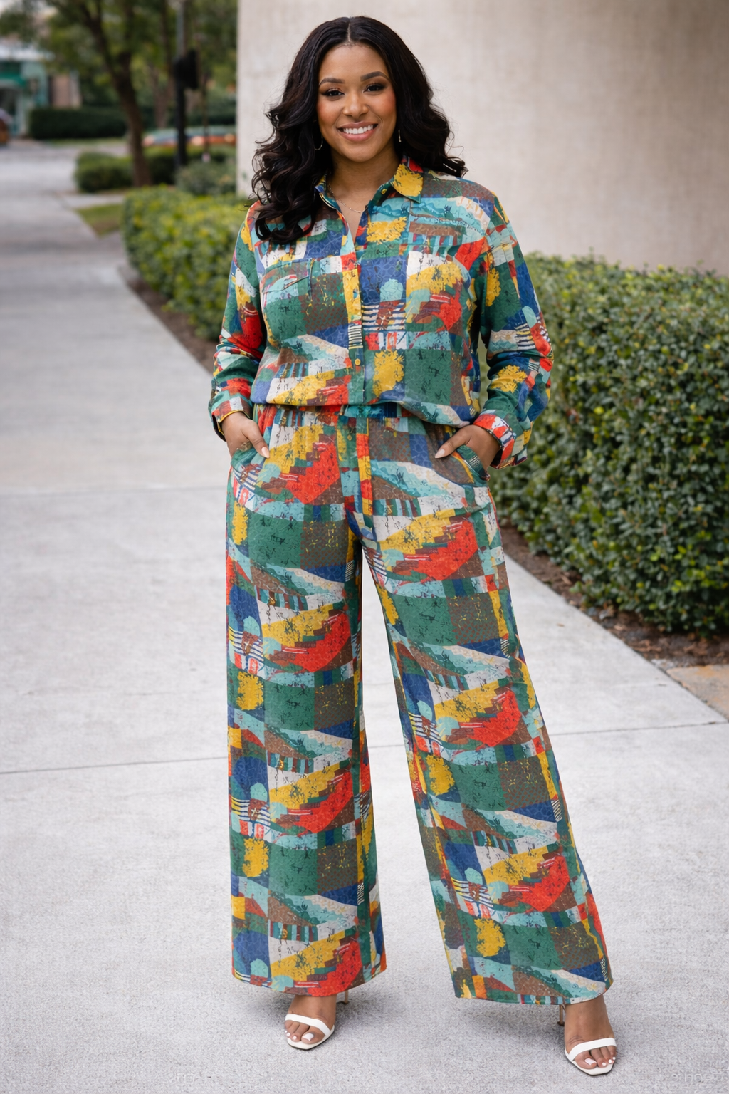 Abstract Print Two-Piece Set – Relaxed Shirt & Wide-Leg Pants