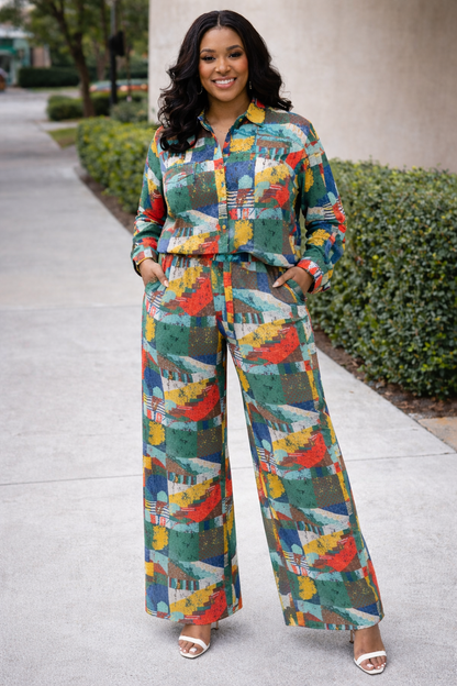 Abstract Print Two-Piece Set – Relaxed Shirt & Wide-Leg Pants