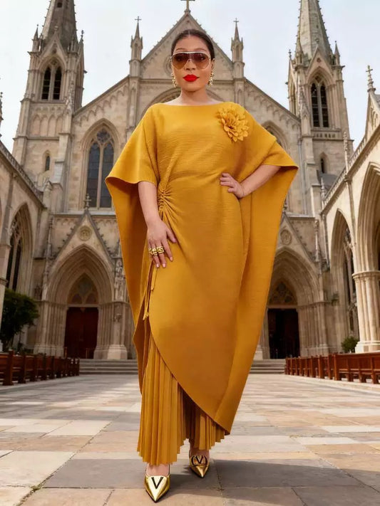 Elegant Pleated Kaftan Pant Set – Mustard