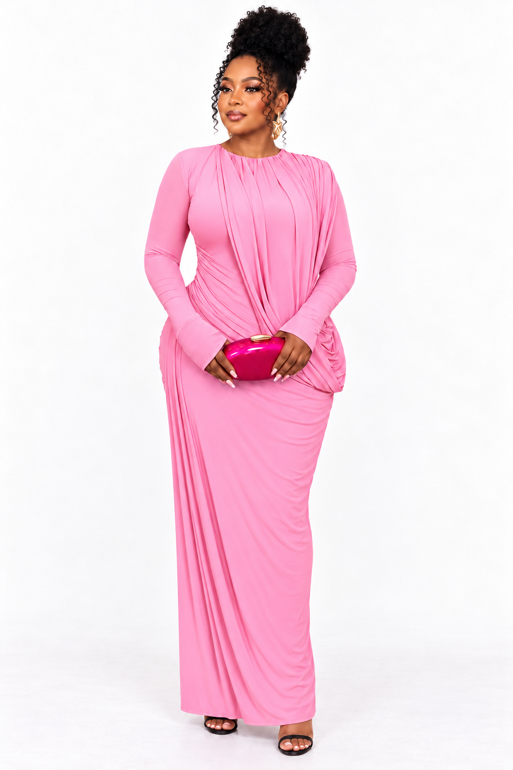 Pink Draped Maxi Dress with Flared Cuffs