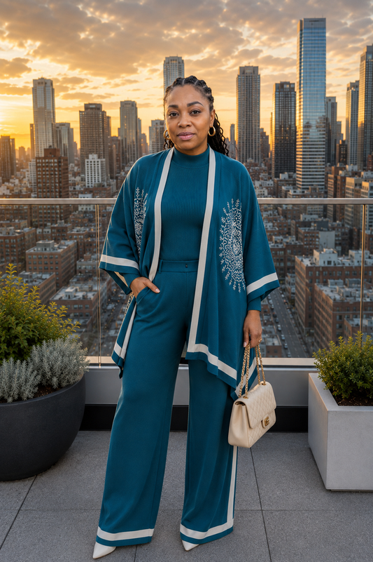 Ensemble tricoté trois pièces de luxe (cardigan + haut + pantalon)
