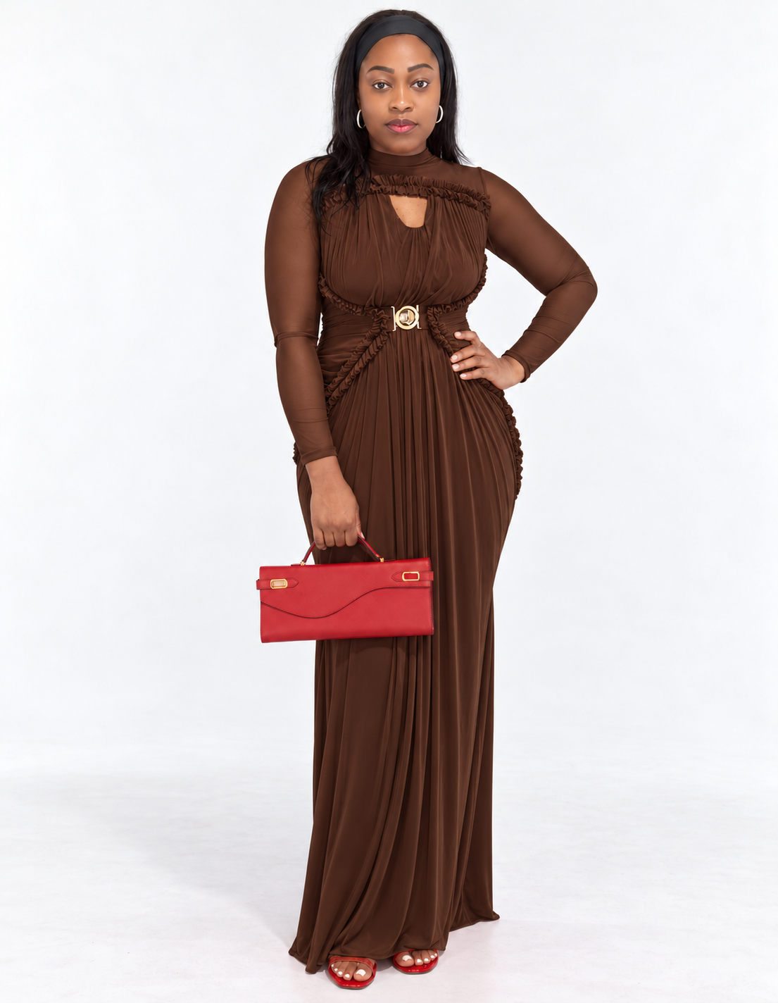 Brown Ruffle-Trim Pleated Maxi Dress