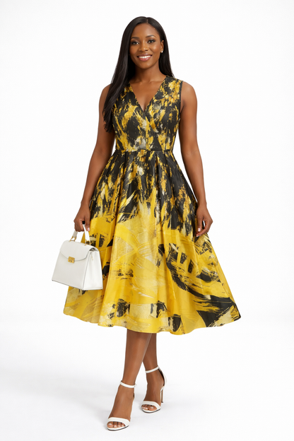 Sleeveless Gold & Black Colour Mix Dress