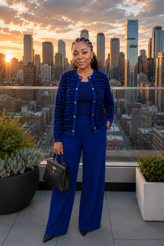 Ensemble trois pièces de luxe en maille géométrique (Cardigan + Top + Pantalon large)