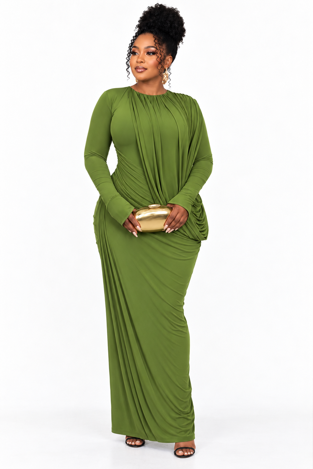 Green Draped Maxi Dress with Flared Cuffs