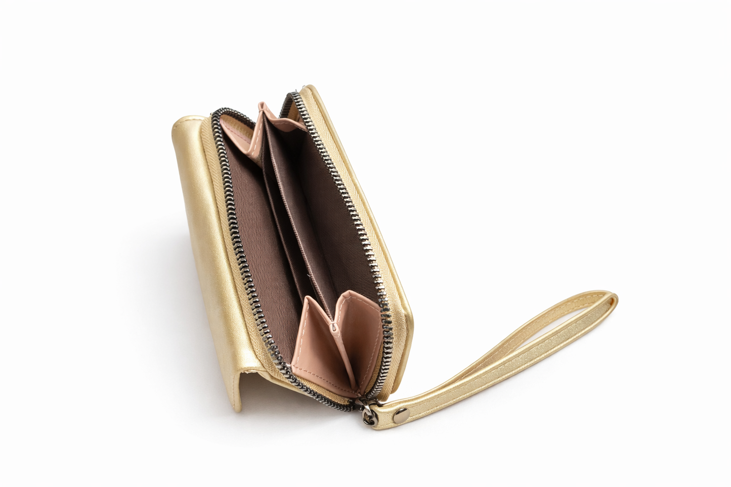 Luxury Gold Multi-Compartment Ladies Wallet with Wrist Strap