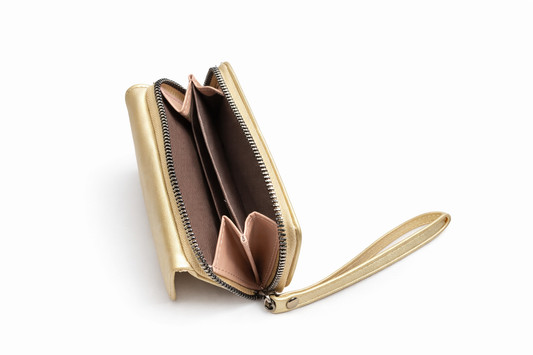 Luxury Gold Multi-Compartment Ladies Wallet with Wrist Strap
