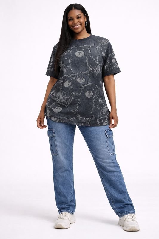 One Size - Black Sparkle Statement Casual T-Shirt #6671