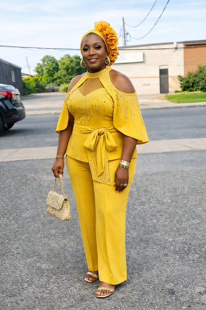 Turkish Brand Elegant Cold-Shoulder Beaded Jumpsuit  Mustard Yellow