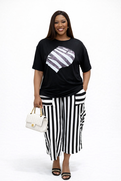 Black Graphic Tee & Striped Wide-Leg Pant Set