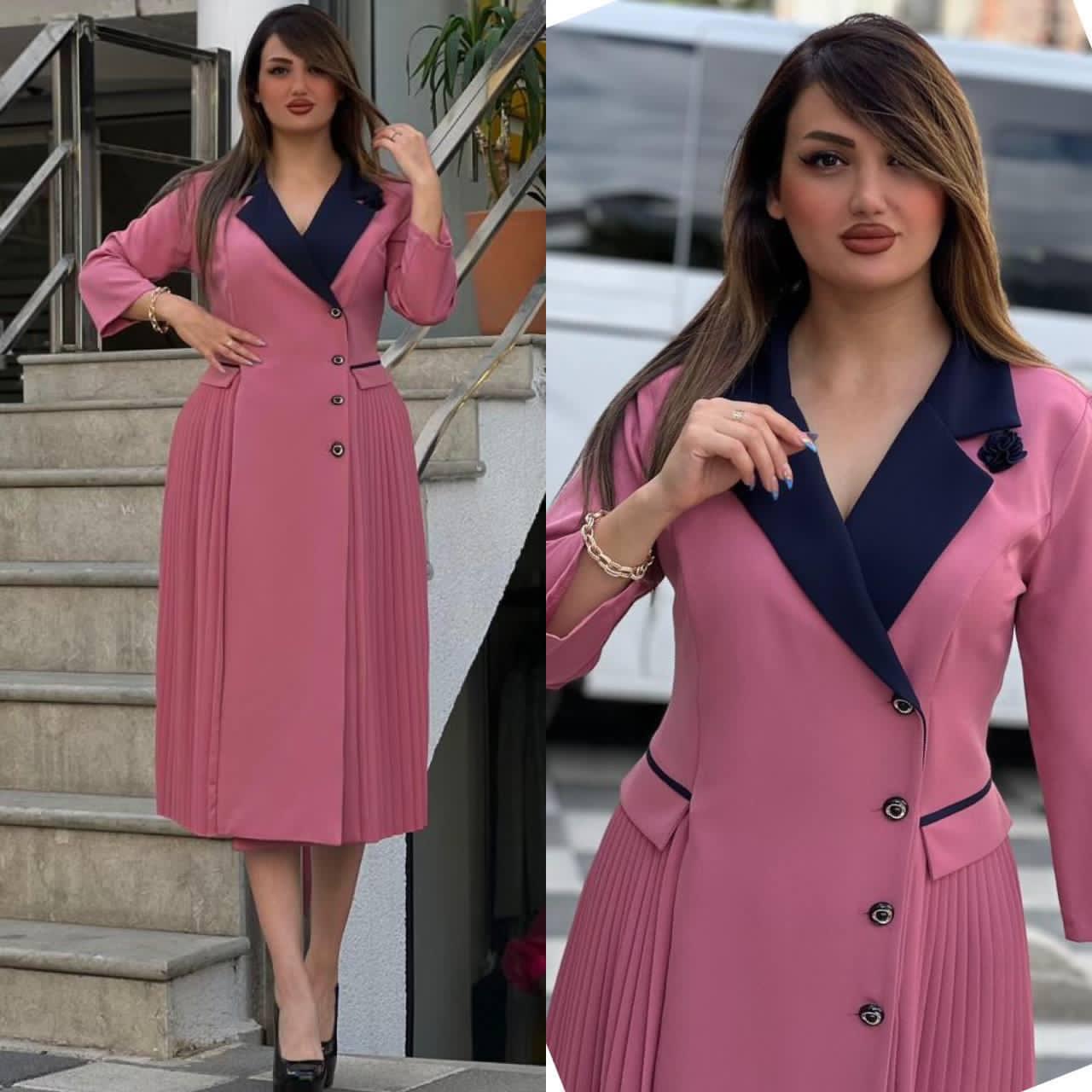 Corporate Side-Pleated Dress – Elegant Office Wear