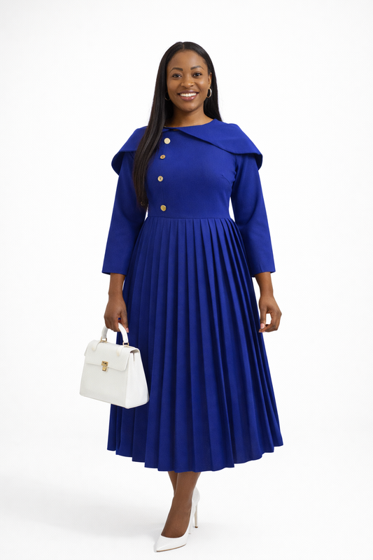 Royal Blue Grace Pleated Corporate Midi Dress