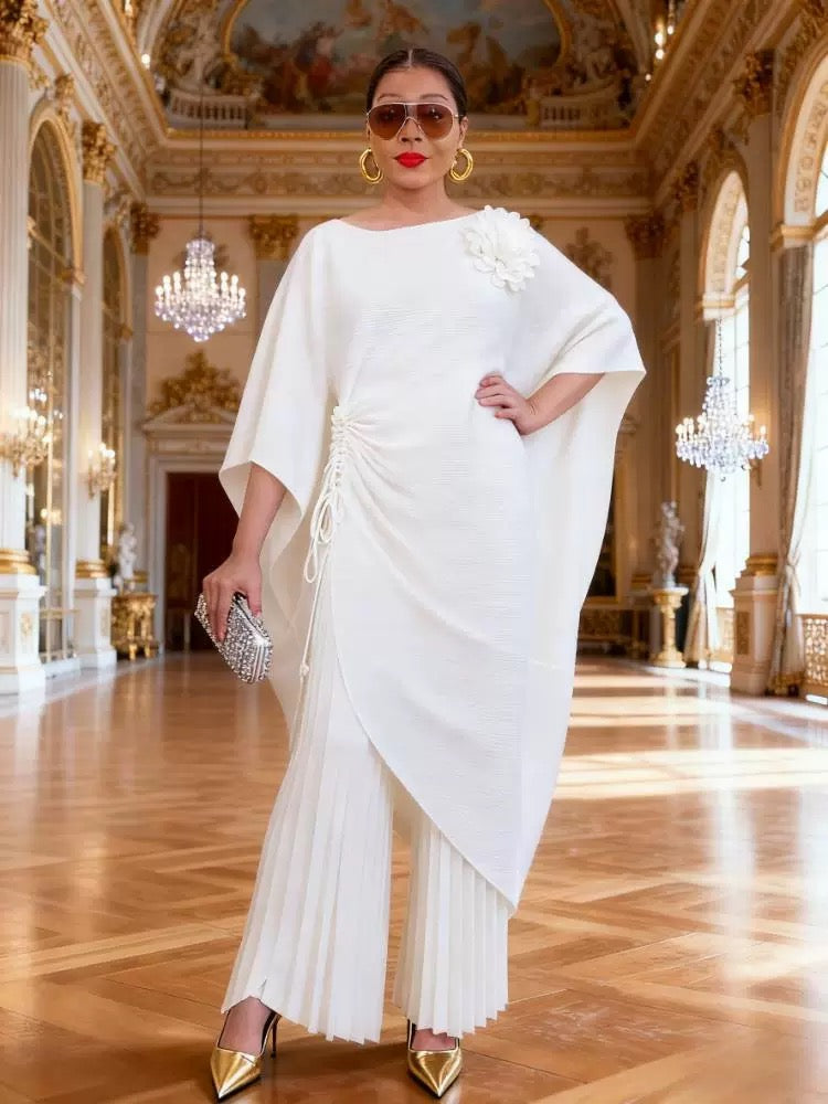 Elegant Pleated Kaftan Pant Set – White