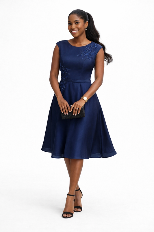 Elegant Blue Midi Dress with Embellished Detail