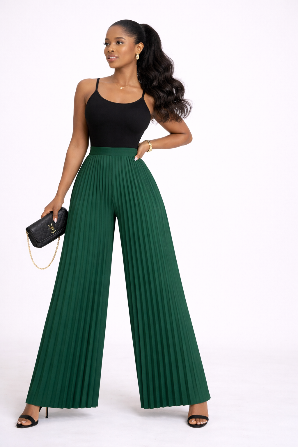 Green Luxe Pleated Wide-Leg Pants