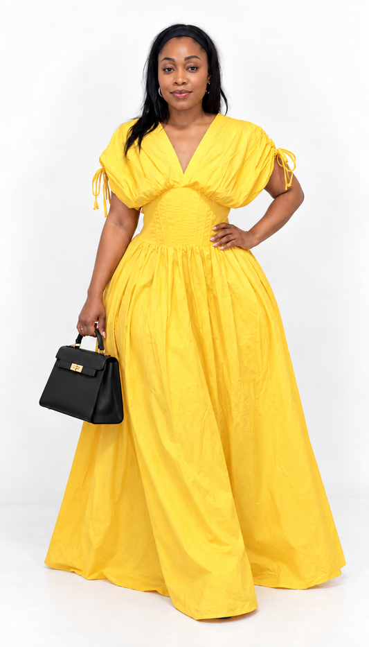 Yellow V-Neck Corset-Style Maxi Dress | Happywize