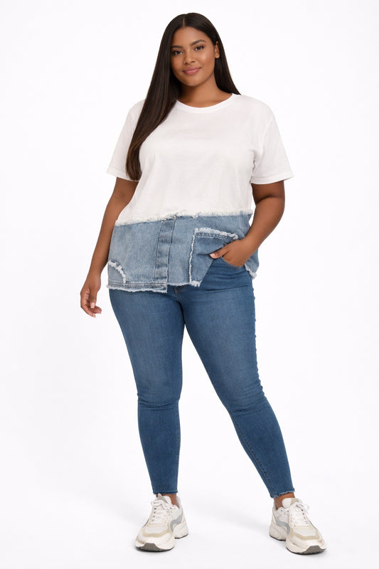 White T-Shirt with Frayed Denim Panel