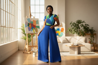 Royal Blue Pleated Wide-Leg Pants Set