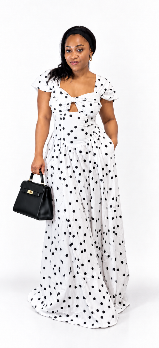 White & Black Polka Dot Twist-Front Maxi Dress