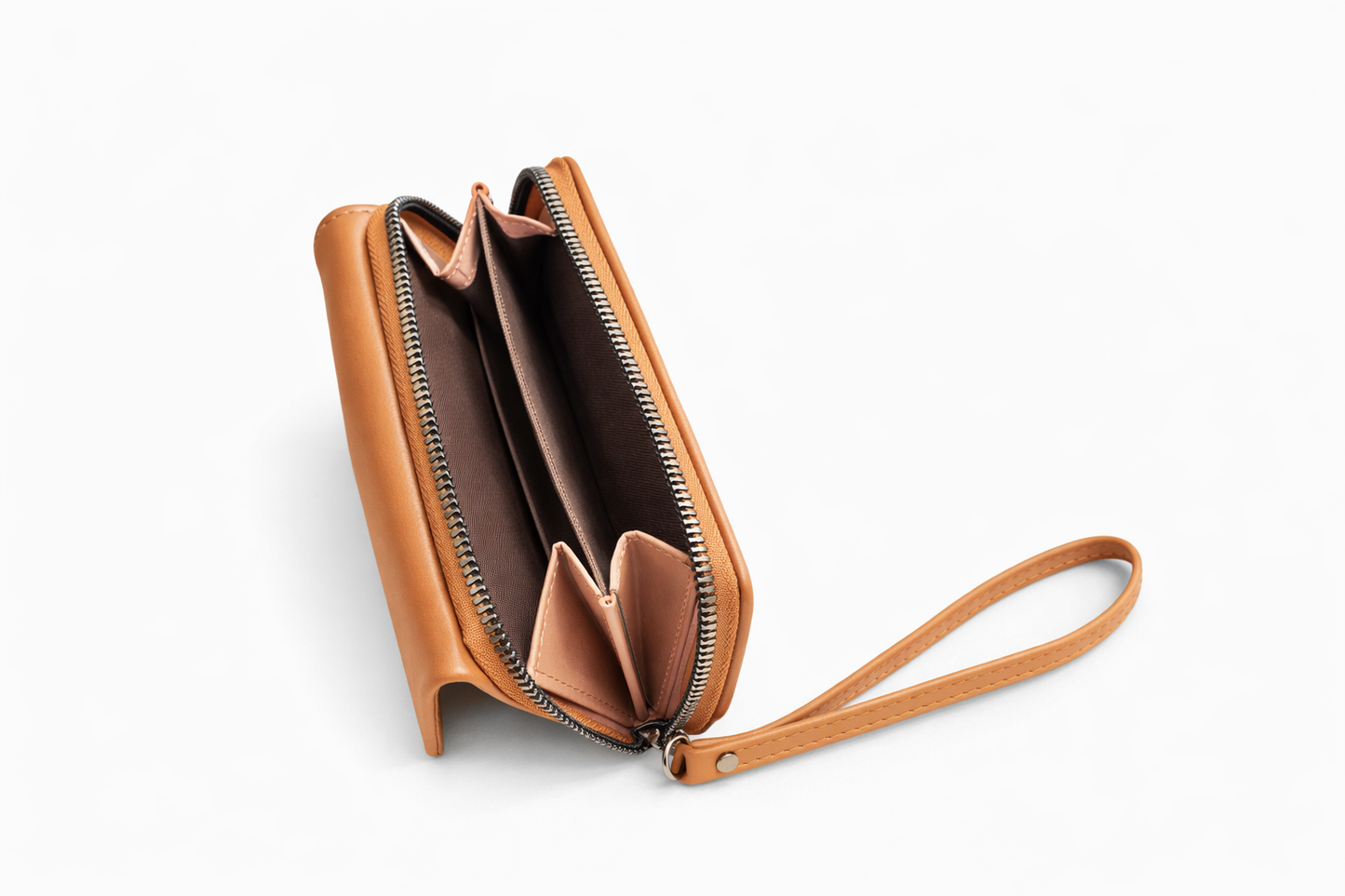 Luxury Light Brown  Multi-Compartment Ladies Wallet with Wrist Strap