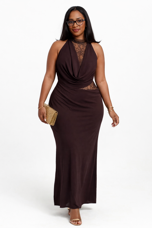Brown Sleeveless Bodycon Dress With Net Top