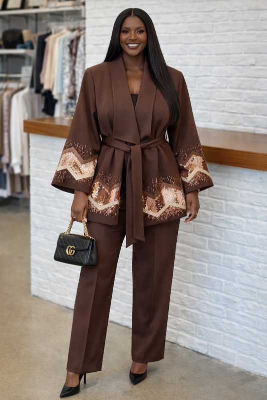 Elegant Sequin Sleeve Turkey Suit Set – Ivory Luxury Two-Piece Outfit