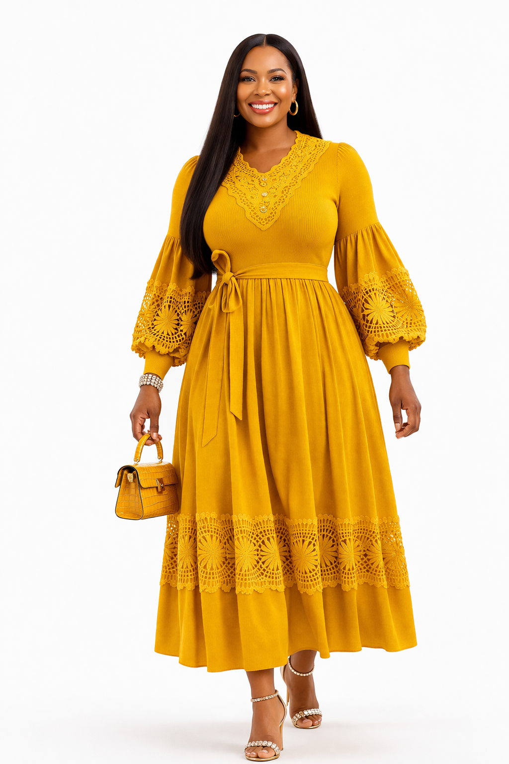 Golden Charm Belted Stretch Midi Dress