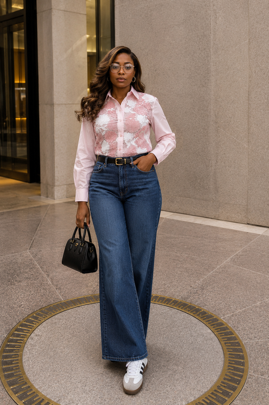 Chemise rose en coton à manches longues pour tenue de soirée