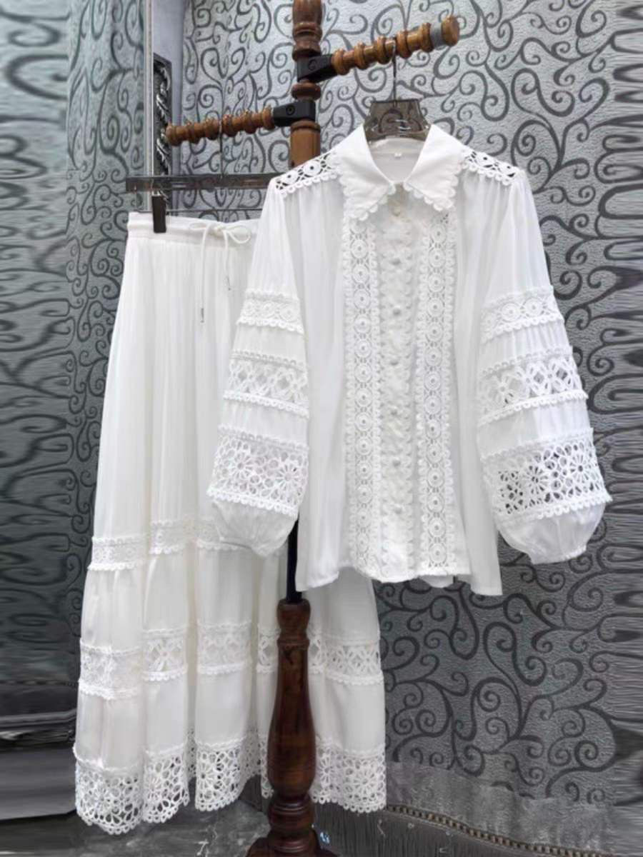 2-Piece Set – Cotton Lace Blouse and Maxi Skirt