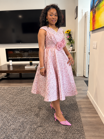 Elegant Pink Jacquard Midi Dress with Floral Waist Detail