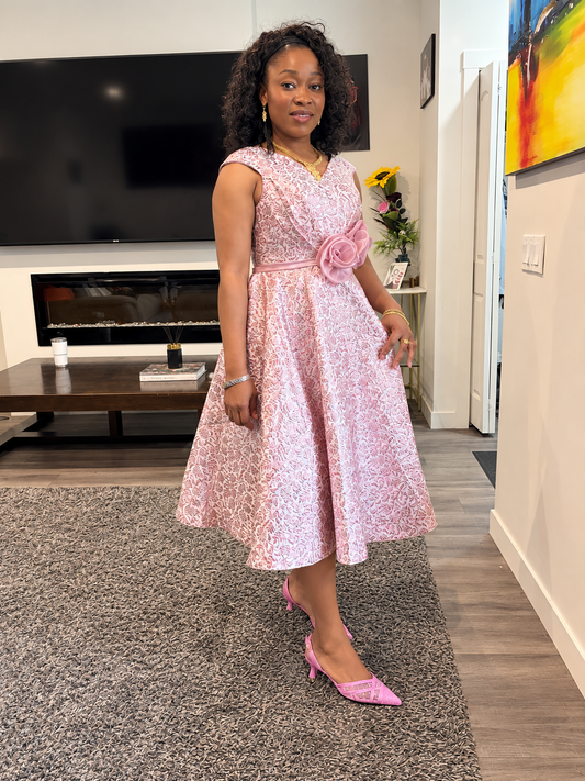 Elegant Pink Jacquard Midi Dress with Floral Waist Detail
