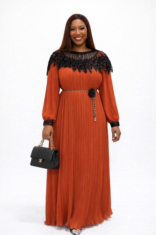 Elegant Black & Brown Pleated Maxi Dress – Luxe Occasion Wear