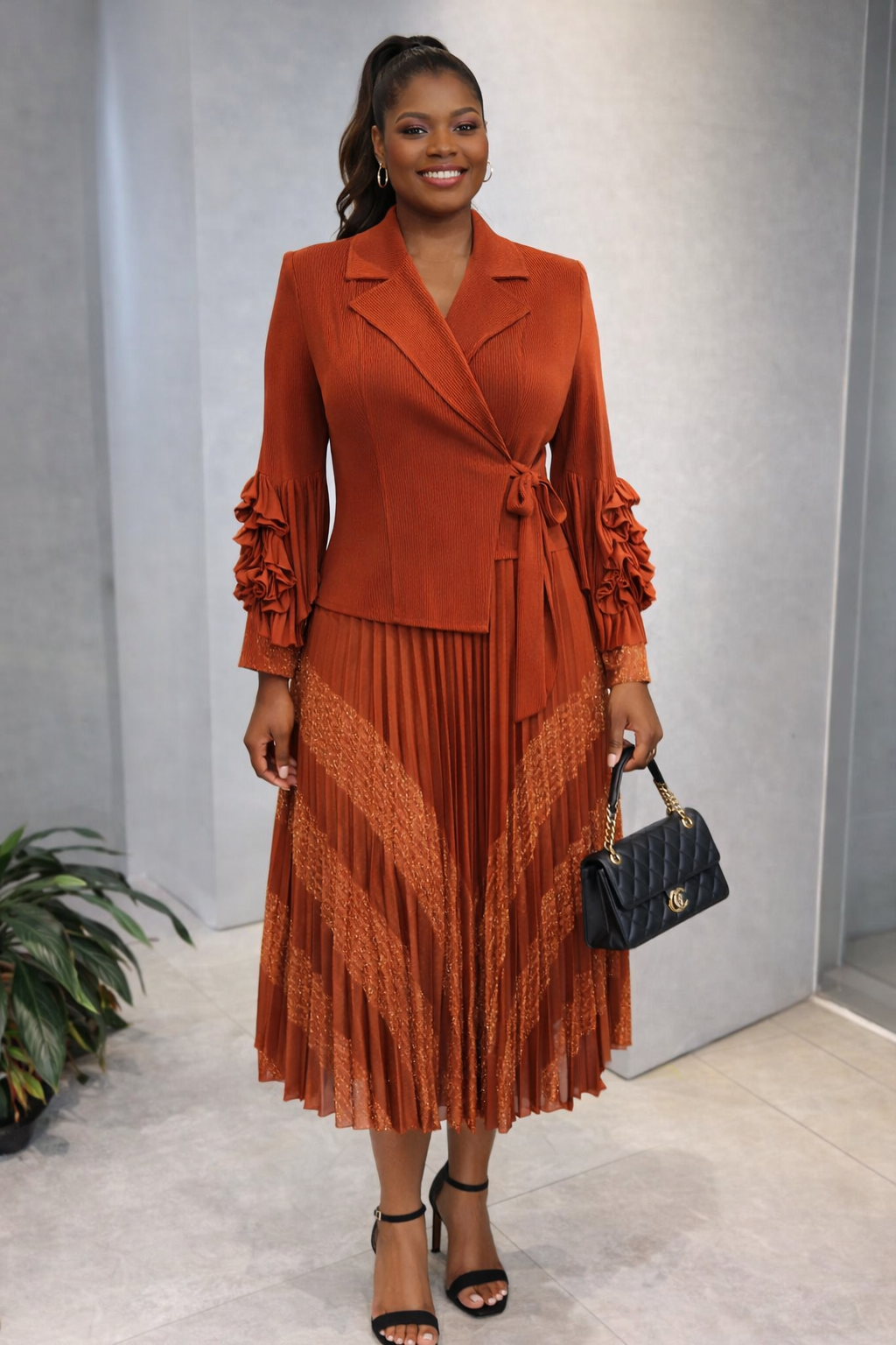 Taille Unique Robe Plissée Bleue Miyaki - Tissu Élastique ORANGE