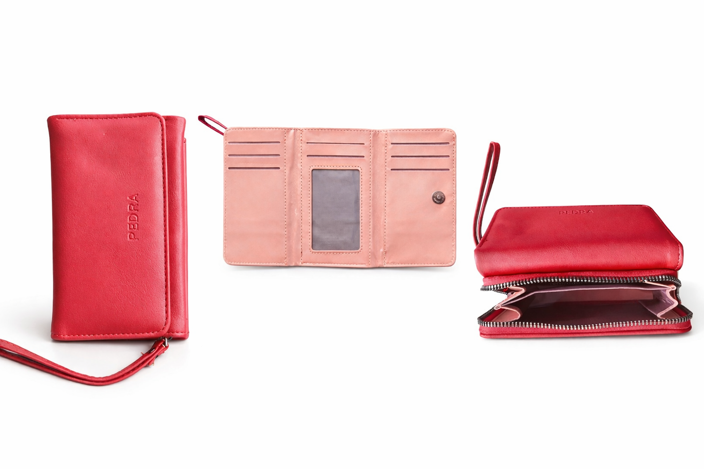 Luxury Red Multi-Compartment Ladies Wallet with Wrist Strap
