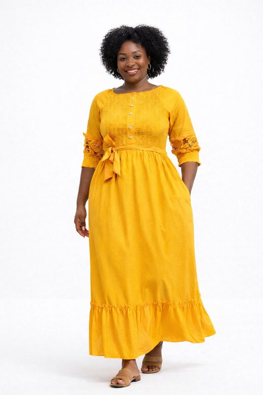 Elegant Smocked Maxi Dress – Yellow