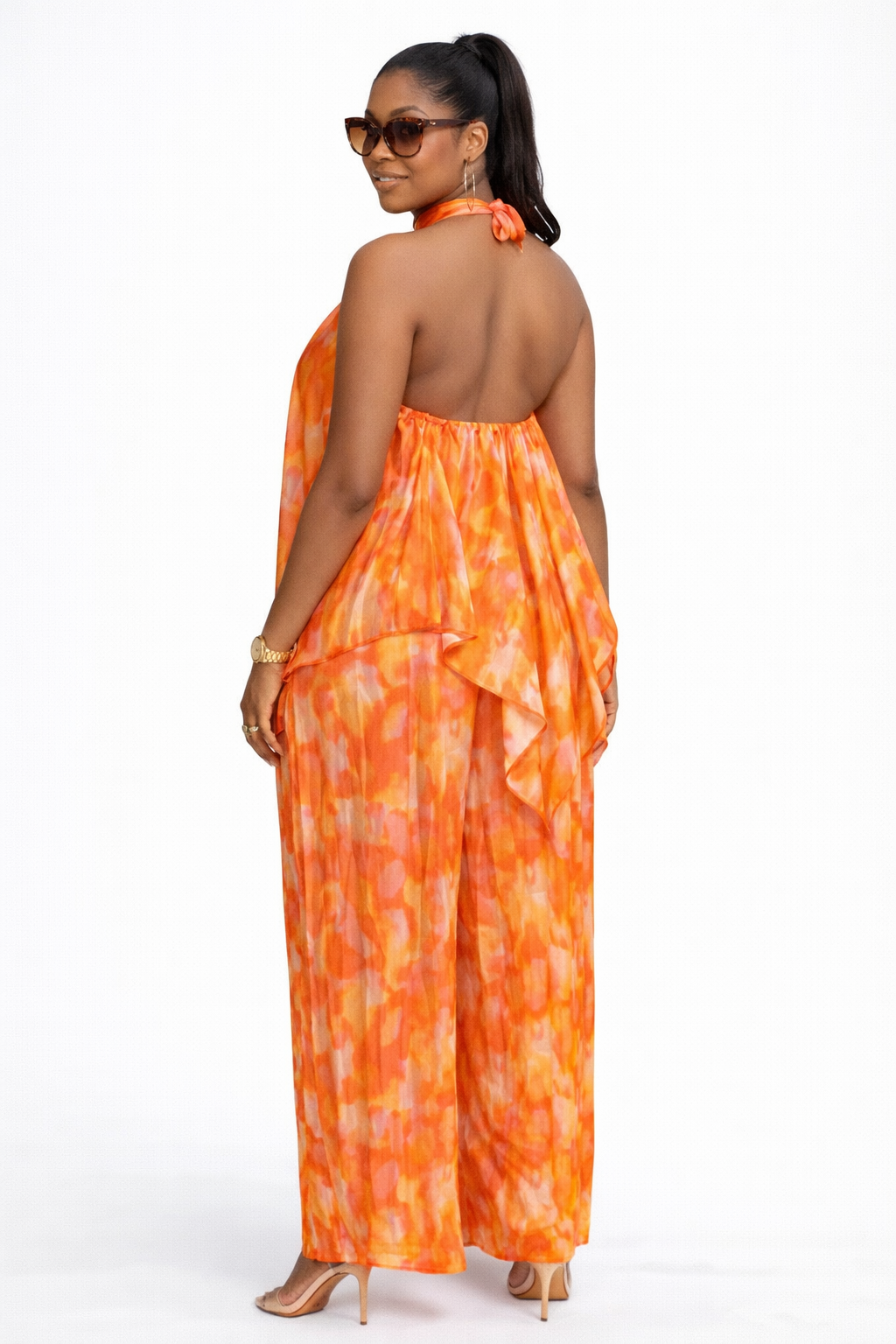 Elegant Orange Halter Neck Two-Piece Set