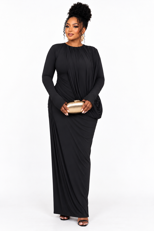 Black Draped Maxi Dress with Flared Cuffs