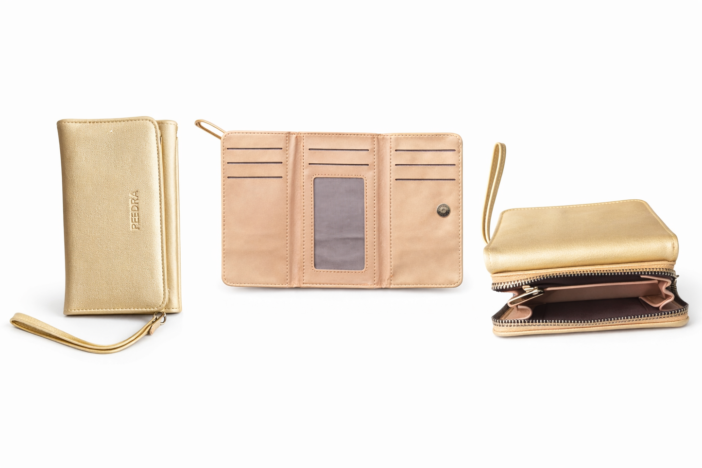 Luxury Gold Multi-Compartment Ladies Wallet with Wrist Strap