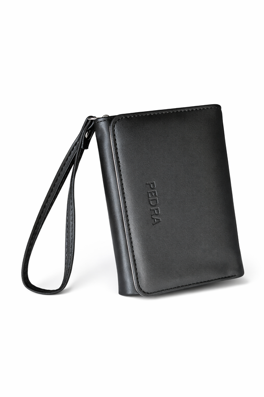 Luxury Black Multi-Compartment Ladies Wallet with Wrist Strap