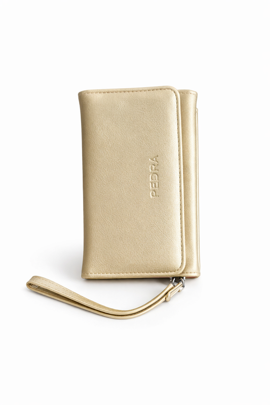 Luxury Gold Multi-Compartment Ladies Wallet with Wrist Strap