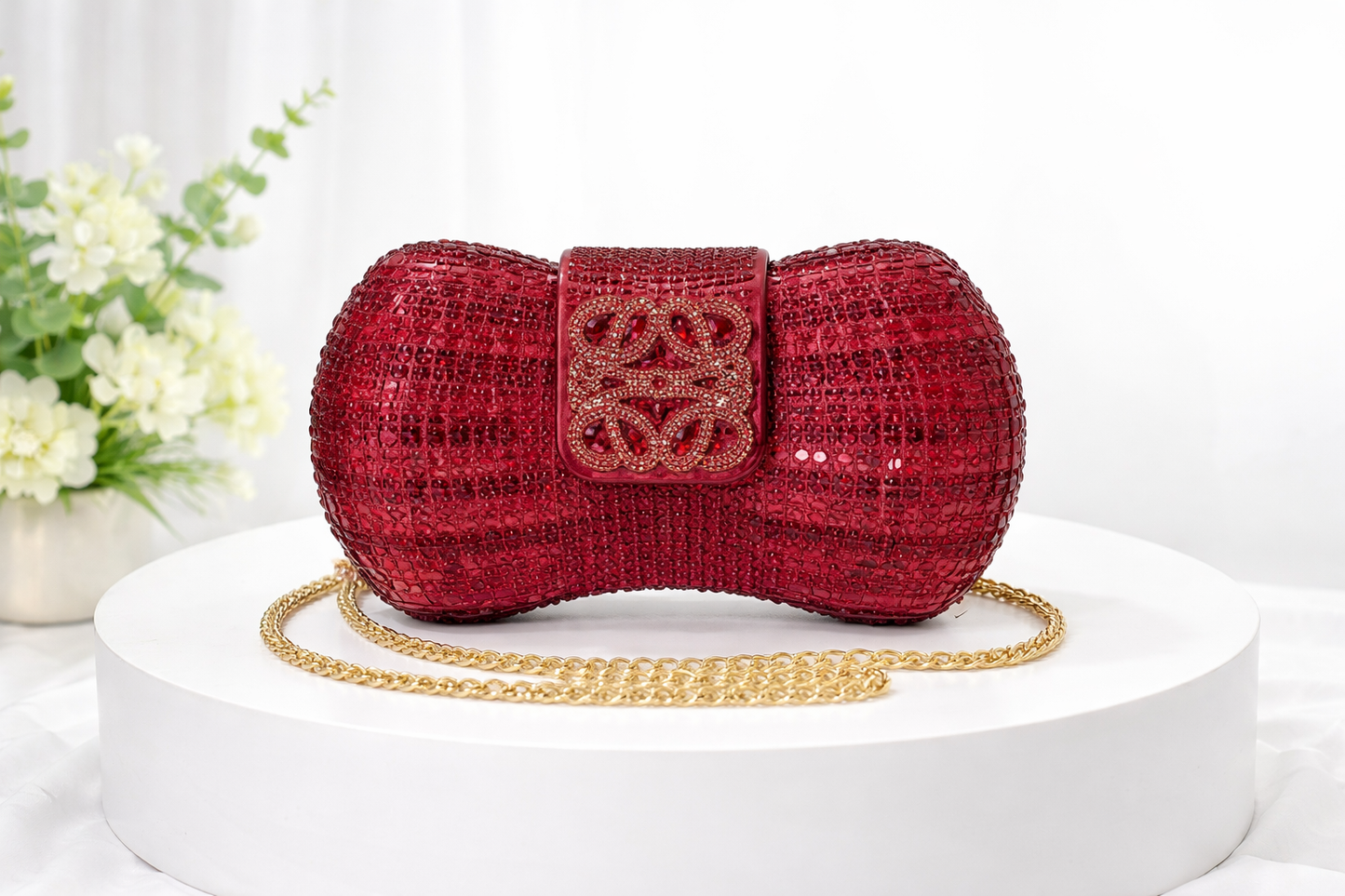 Luxe Crystal Bow Clutch Purse - Burgundy