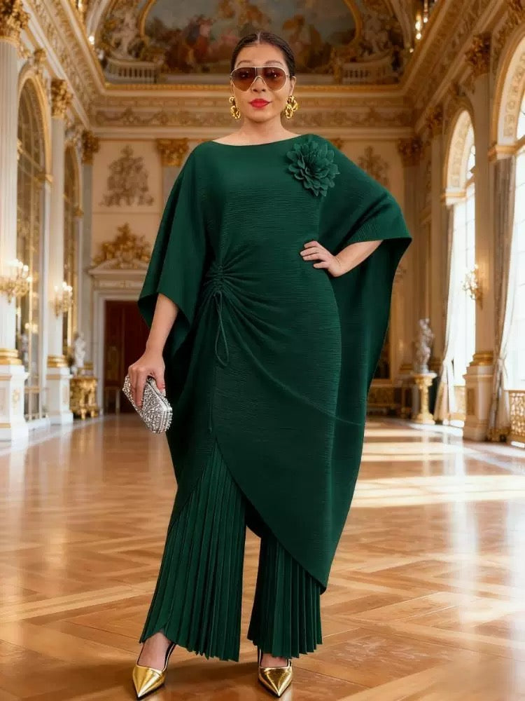 Elegant Pleated Kaftan Pant Set – Emerald