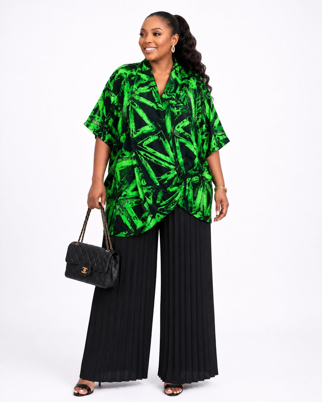 Emerald Elegance Pleated Pant Set