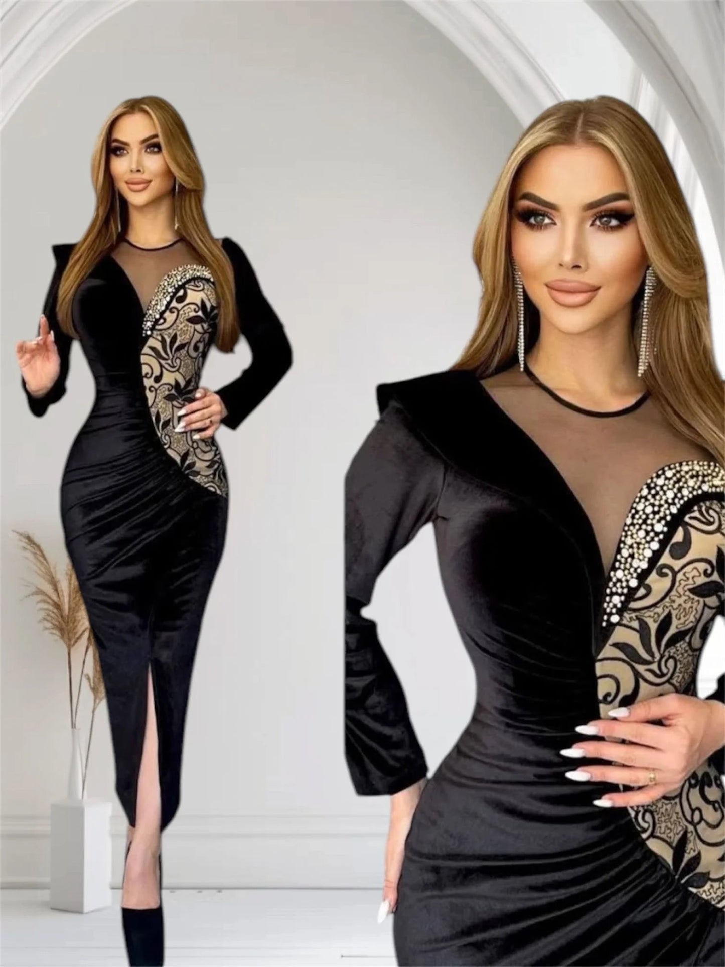 Elegant Velvet Front Slit Dress