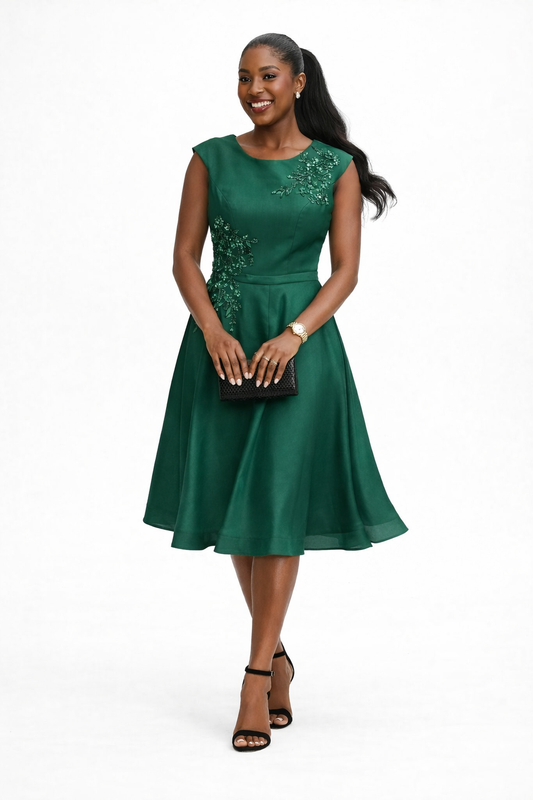Elegant Emerald Green Midi Dress with Embellished Detail
